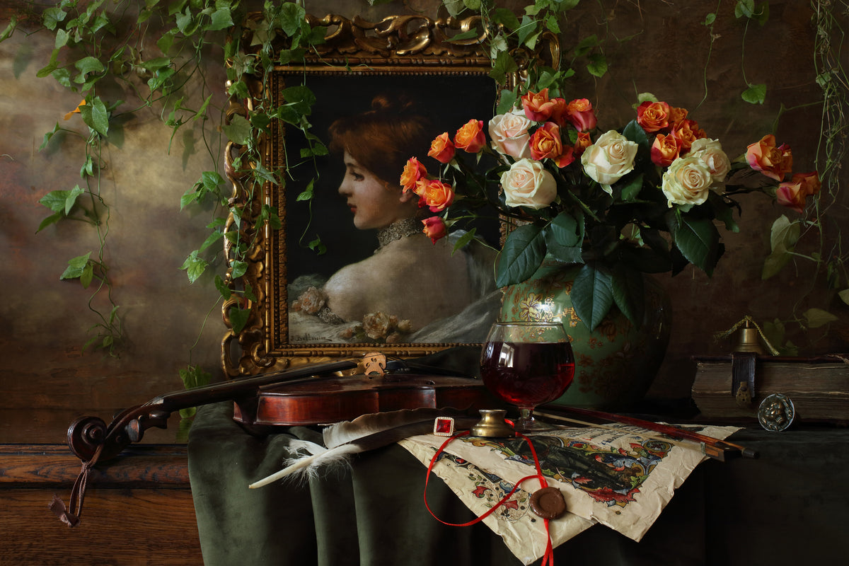 3-piece-aluminium-print-still-life-with-violin-and-flowers-ii